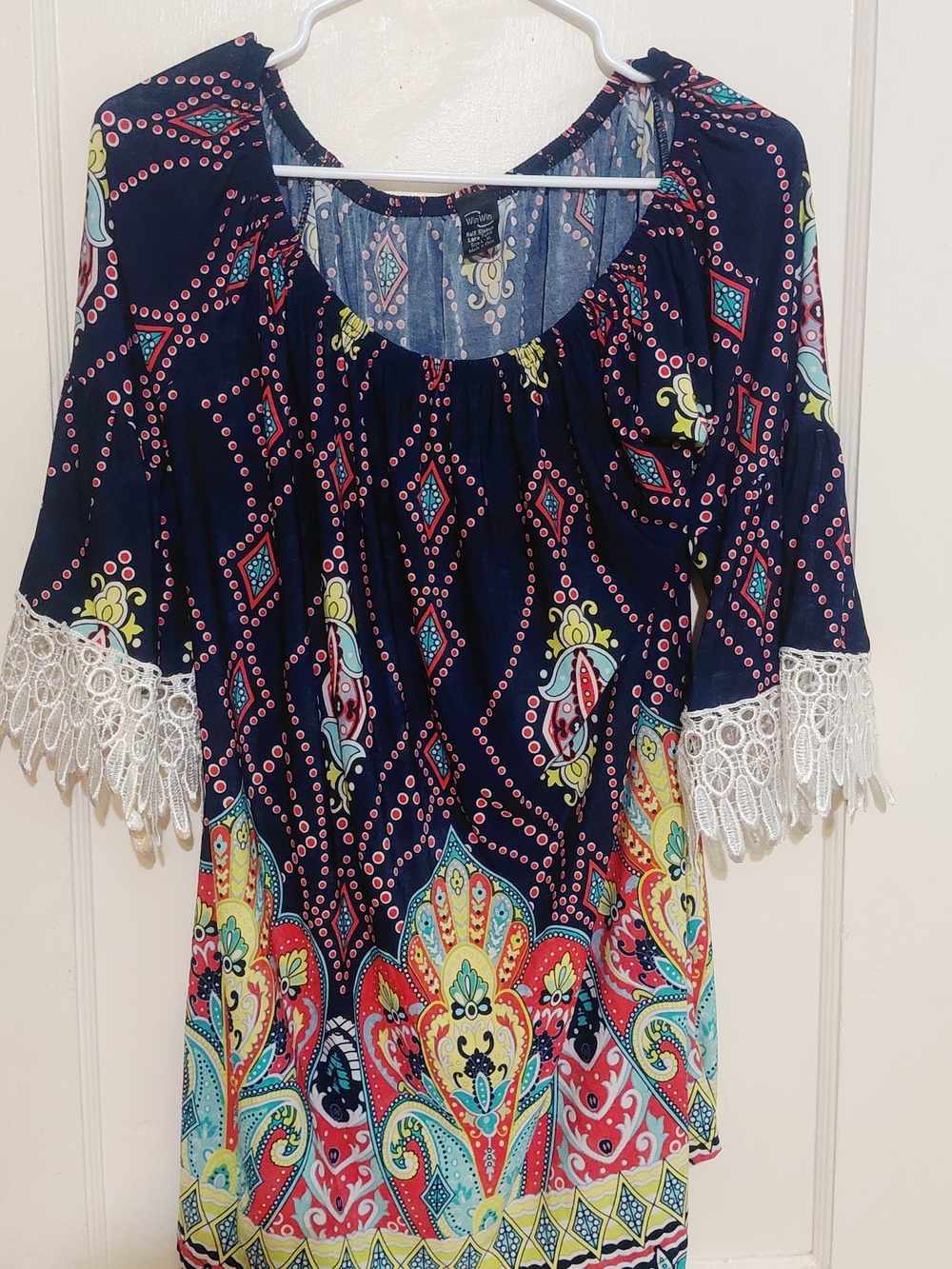 Boho Lace-Sleeve Peasant Top - Navy Multi - Unknown Brand